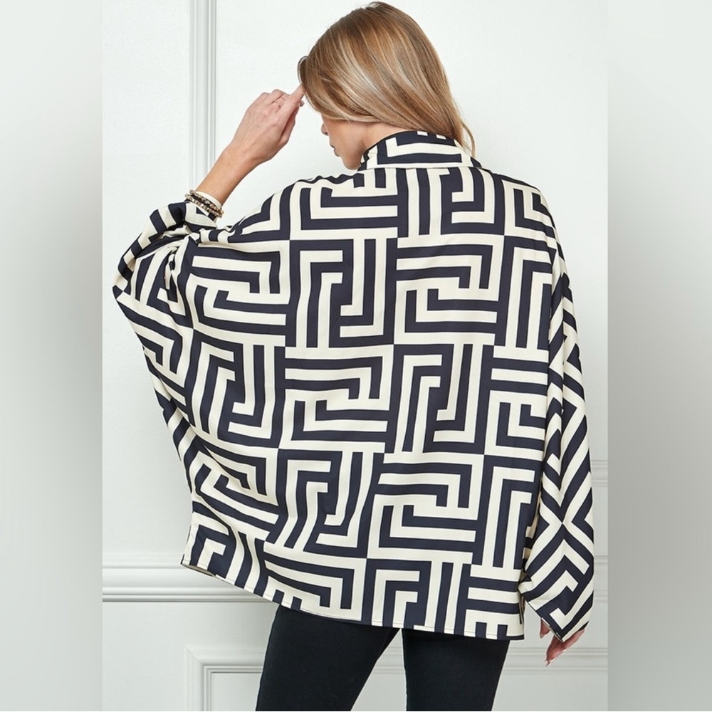 Alamia Black & Ivory Geometric Poet Long Sleeve Blouse, size Med - Picture 3 of 11